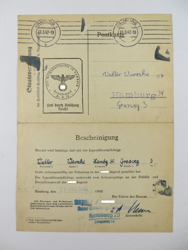 Aufforderung zur Meldung für die Hitler-Jugend, 1942, III. Reich, Original