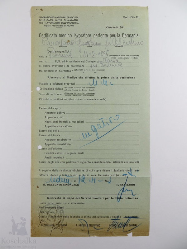 Gesundheitszeugnis für Arbeiter aus Italien, 1943, III. Reich, Original