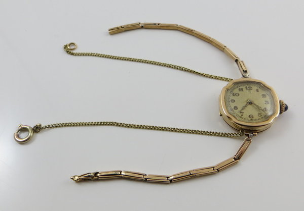 Antike Art Déco 585er Gold Damen Armbanduhr, Marke F.B.