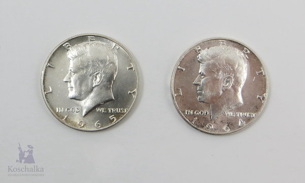 USA Half Dollar, 1964 und 1965 Kennedy, Silber Münzen, Stempelglanz