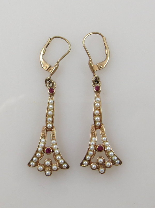Vintage 925er Silber vergoldete Ohrringe mit Perlen und Rubinen, Handarbeit um 1970/80