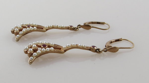 Vintage 925er Silber vergoldete Ohrringe mit Perlen und Rubinen, Handarbeit um 1970/80