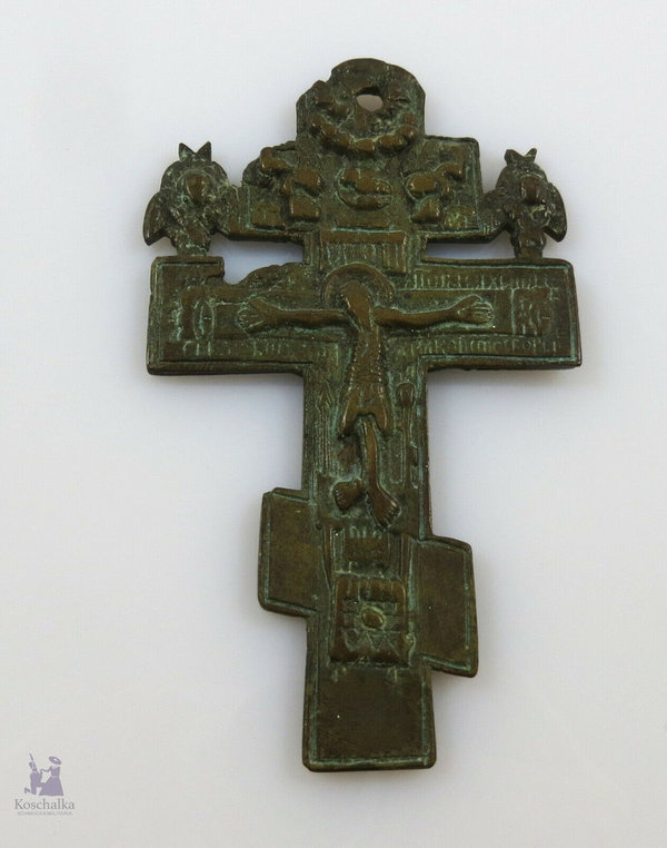 Antikes russisch orthodoxes Ikone Segenkreuz, Bronze/Messing, 19. Jahrh.