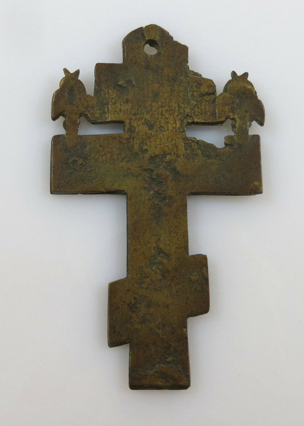 Antikes russisch orthodoxes Ikone Segenkreuz, Bronze/Messing, 19. Jahrh.