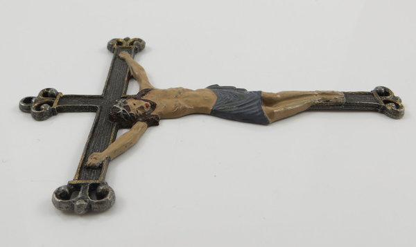 Antikes Kruzifix aus Zinn, handbemalt, um 1930