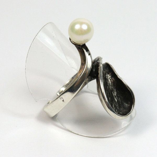 835er Silber Designer Ring mit echter Perle, 70er Jahre, Gr. 56