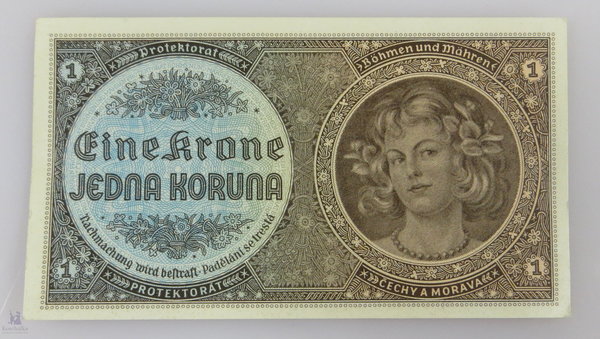 Protektorat Böhmen und Mähren, Geldschein 1 Krone, 1939, Original