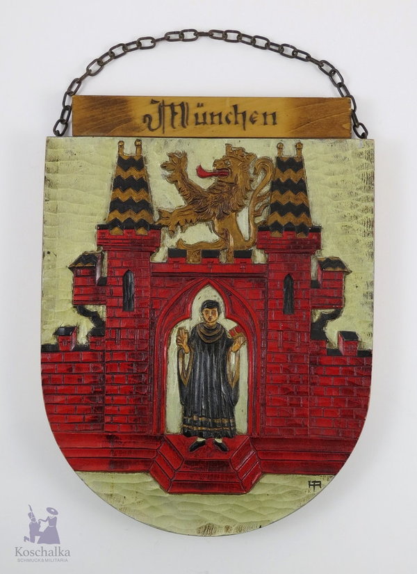 München, Handgeschnitztes und bemaltes Mönch Wappen, um 1950