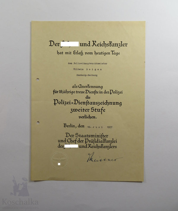 Polizei, Dienstauszeichnung 2. Stufe für 18 Jahre, Verleihungsurkunde, III. Reich, Original