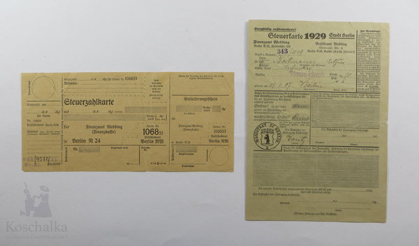 Steuerkarte 1929 und blanko Steuerzahlkarte, Original