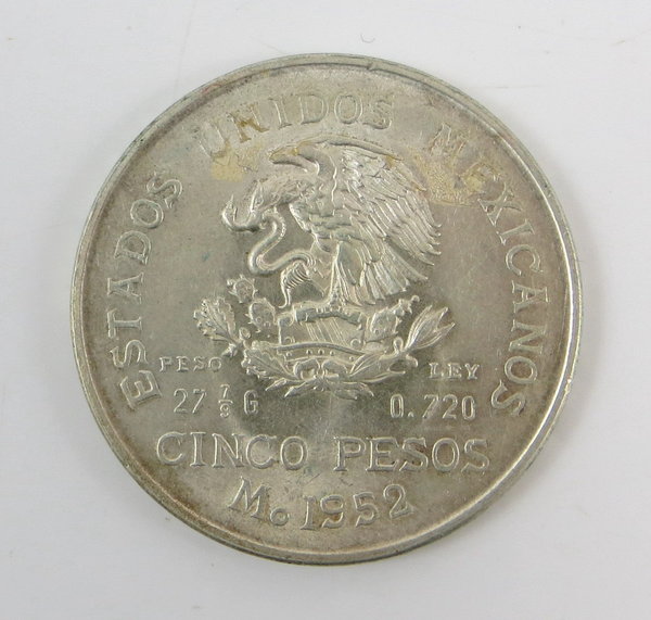 Mexiko - 5 Pesos 1952, Hidalgo, 900er Silbermünze