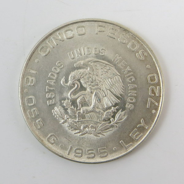 Mexiko - 5 Pesos 1955, Hidalgo, 720er Silbermünze