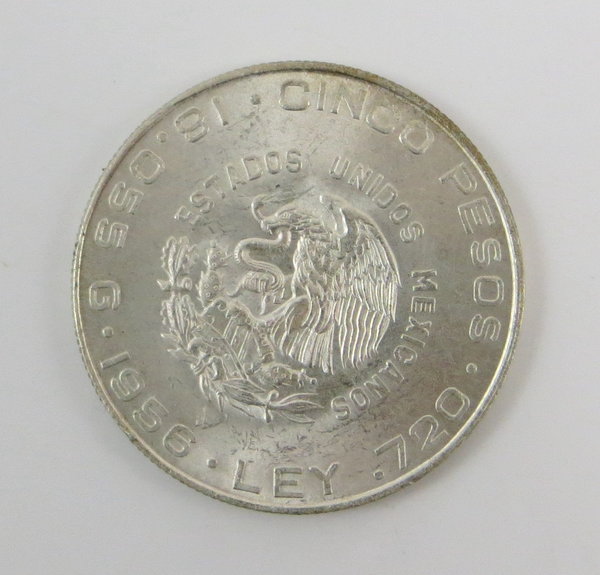 Mexiko - 5 Pesos 1956, Hidalgo, 720er Silbermünze