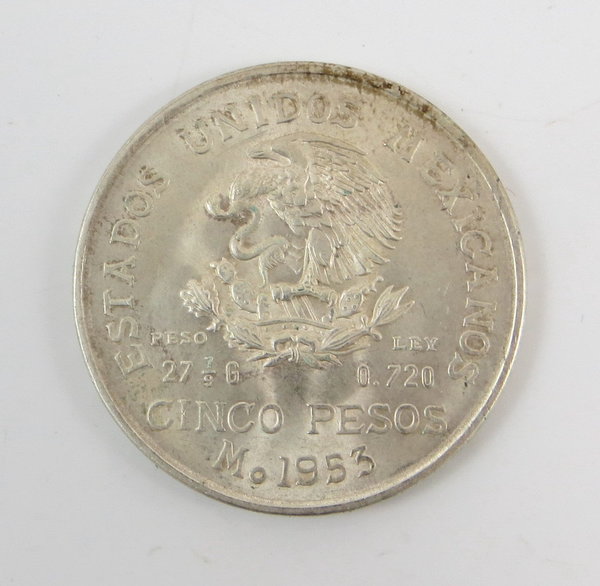 Mexiko - 5 Pesos 1953, 200. Jahrestag Geburtstag von Miguel Hidalgo, 720er Silbermünze