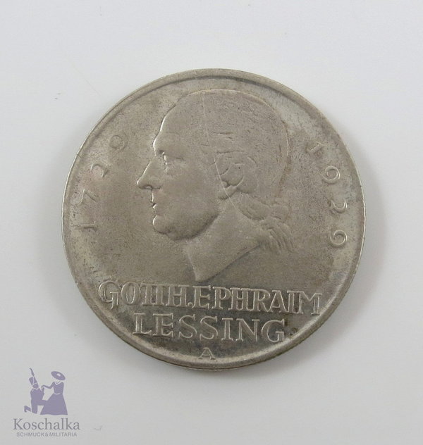Weimarer Republik, 5 Reichsmark Silbermünze, 1929 A. , "Lessing" , Erh. ss/vz