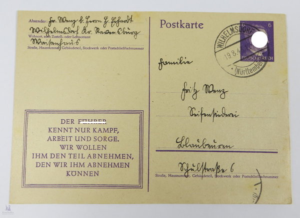 Postkarte / Ganzsache, "Der F. kennt nur Kampf ...", gelaufen, 1943, Original