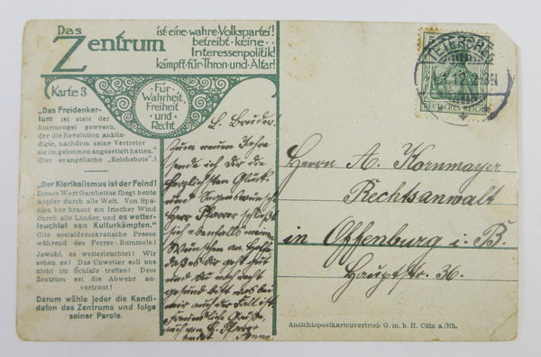 AK / Postkarte, Das Zentrum die Volkspartei, Karte 3, 1912, gelaufen, Original