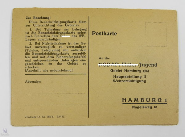 Einberufungsbefehl NSDAP. HJ, Einschreiben vom 21.11.1943,  III.Reich, Original