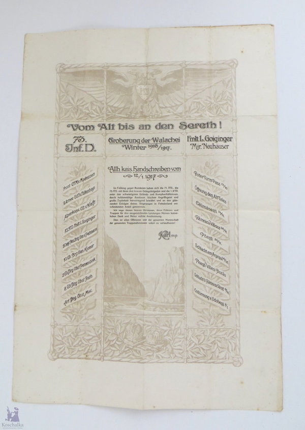 Österreich, Ehrenurkunde "Vom Alt bis an den Sereth", Eroberung der Walachei 1914/1917