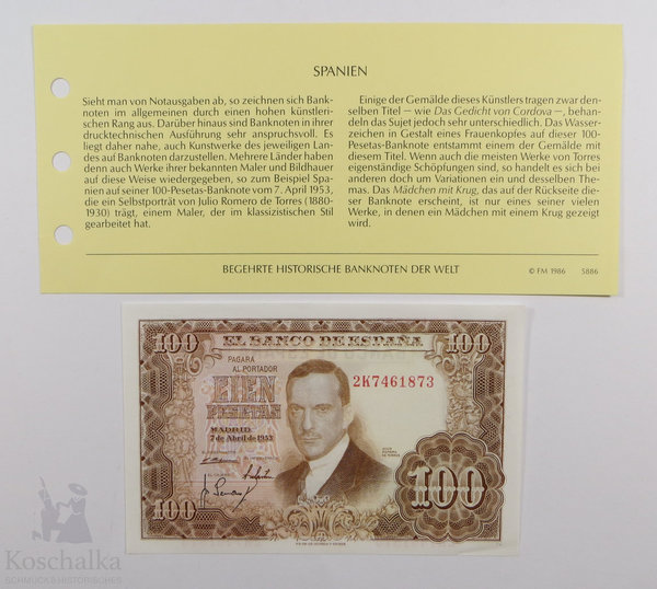 Spanien, Banknote 100 Pesetas, 1953, unzirkuliert, Original