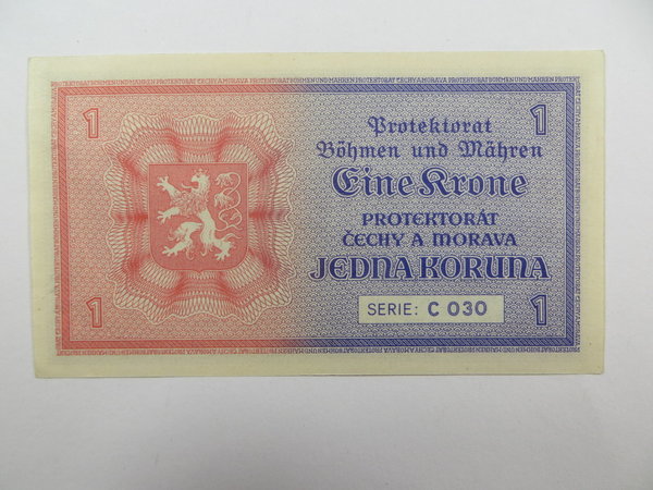 Protektorat Böhmen und Mähren, Banknote 1 Krone, 1939, UNC-bankfrisch, Original