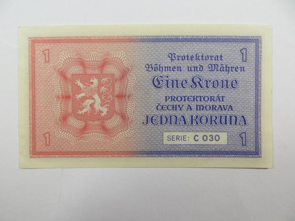 Protektorat Böhmen und Mähren, Banknote 1 Krone, 1939, UNC-bankfrisch, Original
