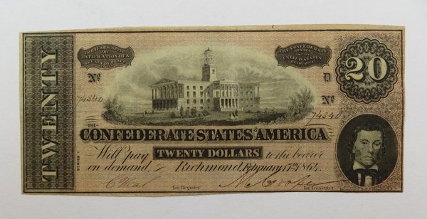 USA Confederate States of America, Banknote 20 Dollar 1864, Richmond, Virginia, Original