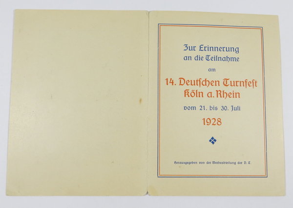 Zur Erinnerung an die Teilnahme am 14. Deutschen Turnfest Köln a. Rhein, 21. bis 30.7.1928, Original