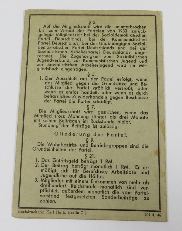 DDR, Mitgliedskarte SED, Sozialistische Einheitspartei Deutschlands, 1946/47, Original