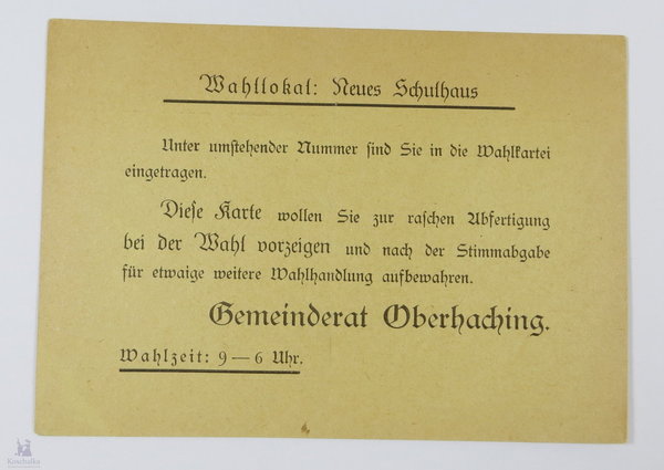 Deutschland, Wahlkarte, Reichstagswahl am 5. März 1933, Gemeinde Oberhaching, Original