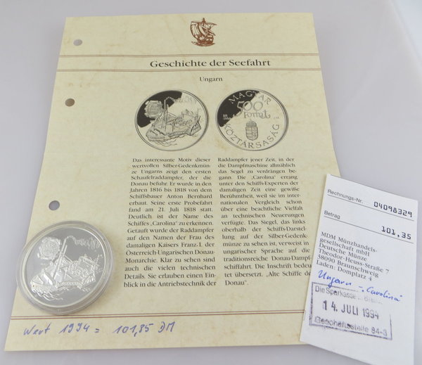 Ungarn, 500 Forint, Silbermünze, "Raddampfer" P.P., 1994, Original