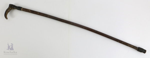 Antiker Gehstock aus Holz mit Horn Griff,Jägerschaft, Hufeisen, um 1930