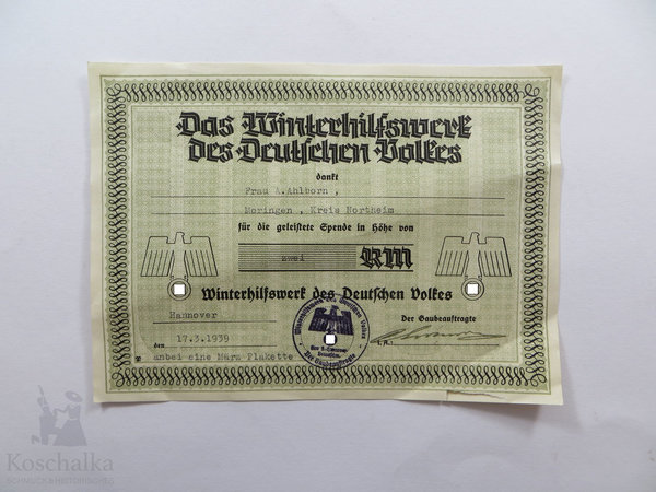 Winterhilfswerk Spendenurkunde über 2 Reichsmark, 17.3.1939, III. Reich, Original