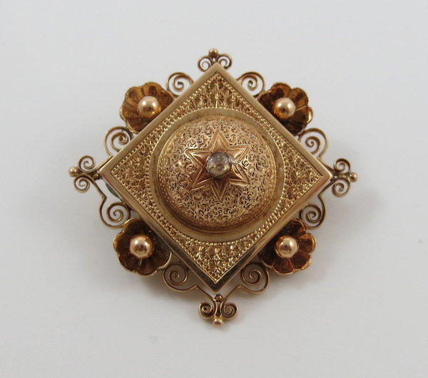 Antike 585er Rotgold Renaissance Orient Brosche mit Diamant, um 1980