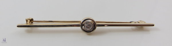 585er Goldbrosche mit einem Solitär Diamanten, ca. 0,15 ct, Stabbrosche, Handarbeit um 1930
