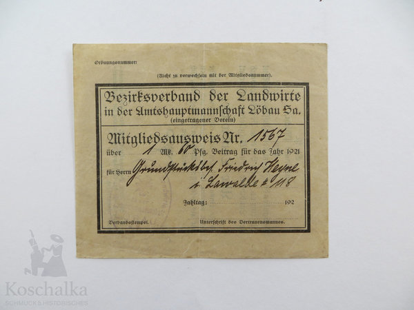 Mitgliedsausweis des Bezirksverband der Landwirte in der Amtshauptmannschaft Löbau, 1921, Original