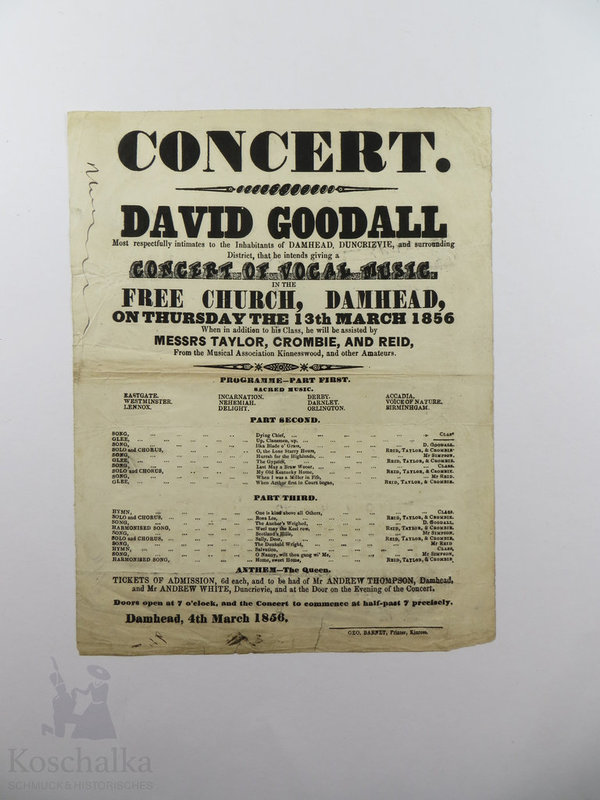 Konzert-Flyer von 1856, Großbritannien, Original