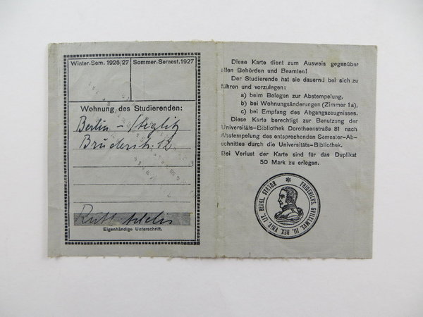 Ausweiskarte einer Studentin an der Friedrich-Wilhelms-Universität Berlin, 1923/24, Original