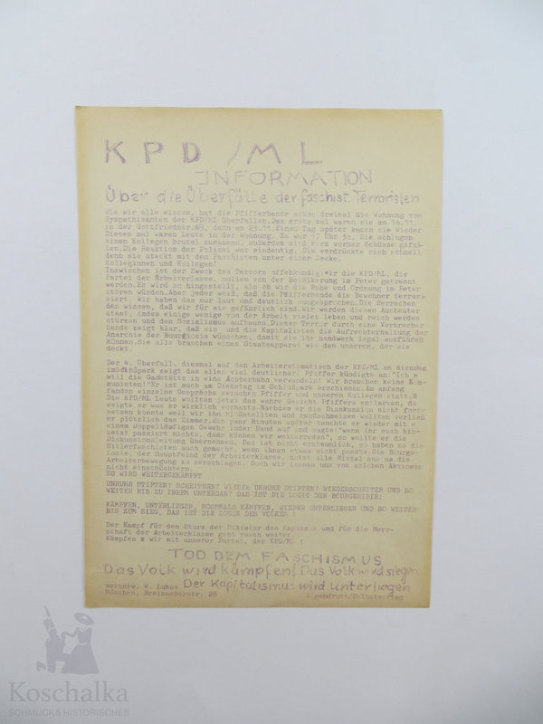 Flyer der KPD/ML, "Information über die Überfälle der faschistischen Terroristen", München, Original