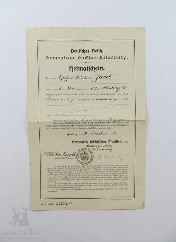 Heimatschein des Herzoglich Sächsischen Ministeriums, Altenburg 1912, Original