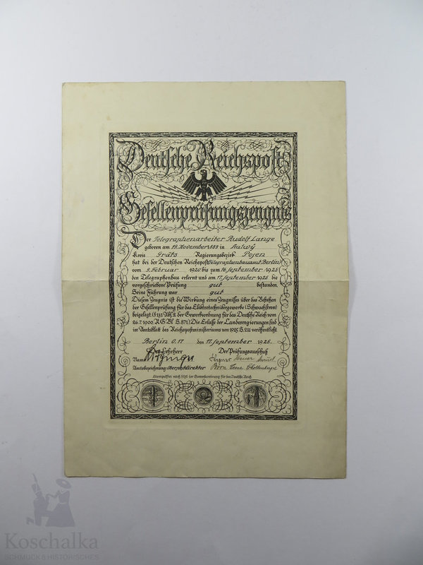 Gesellenprüfungszeugnis der Deutschen Reichspost als Telegraphenarbeiter, 1925, Original