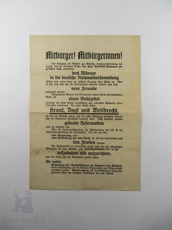 Wahlaufruf der Württembergischen Bürgerpartei und des Bauern- und Weingärtnerbundes, 1919, Original