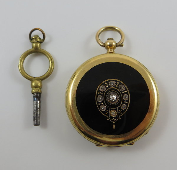Antike Damen 750er Goldtaschenuhr mit Emaille und Diamanten-Besatz