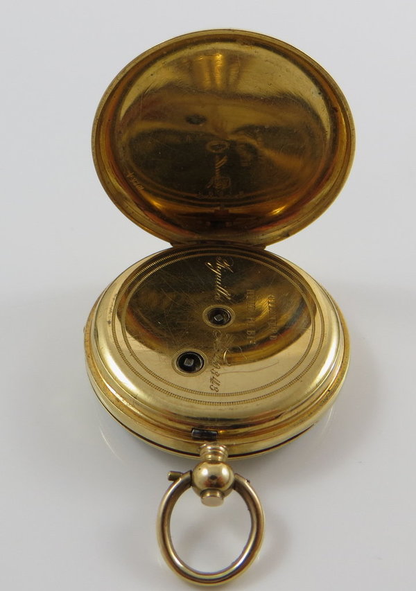 Antike Damen 750er Goldtaschenuhr mit Emaille und Diamanten-Besatz