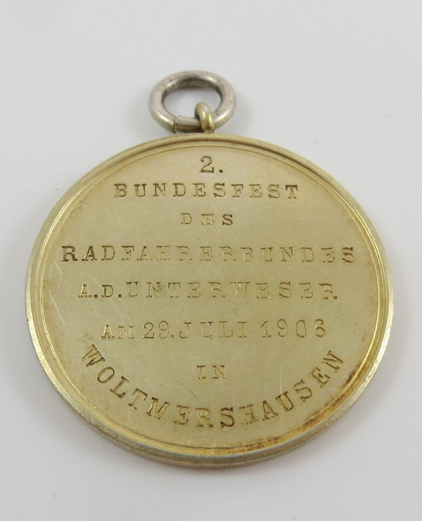 Antike 950er Silber Medaille, Radfahrer Bremen - Woltmershausen 1906, vergoldet