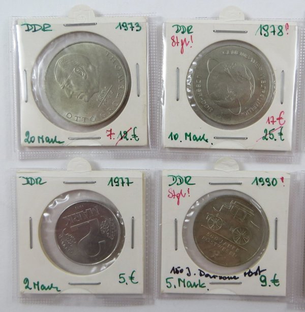 DDR, Konvolut von Münzen, 2, 5, 10, 20 Mark, 8 Stück, Erh. von ss bis stgl.