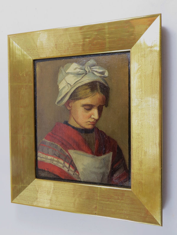 Antikes Öl Portrait einer jungen, anmutigen Frau, signiert von M.B. um 1900