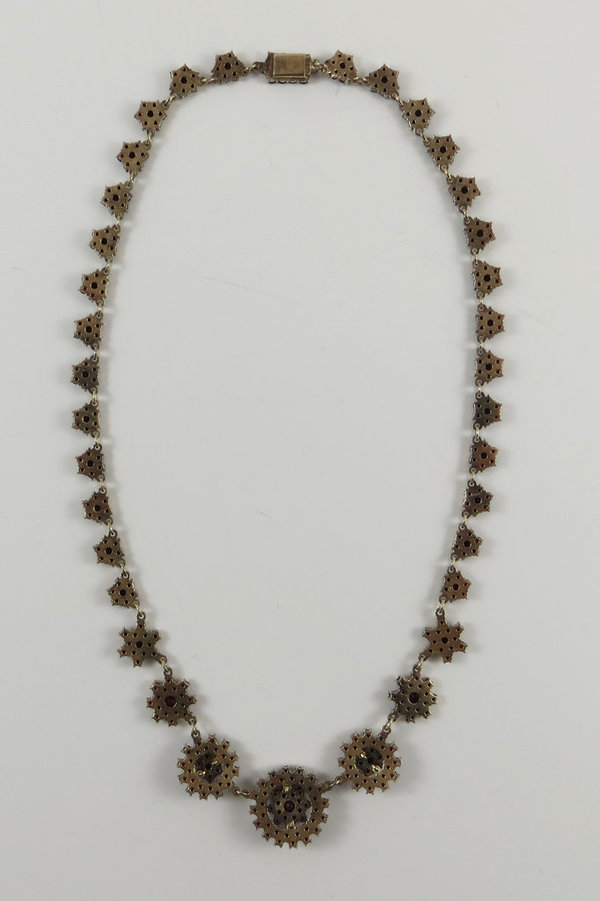 Antikes 800er Silber vergoldetes Sternen Collier mit böhmischen Granat, um 1920