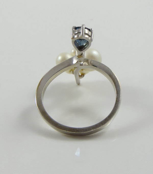 Vintage 585er Weißgold Ring mit Brillant, Saphir und Perlen, Meisterhandarbeit um 1980, Gr. 57