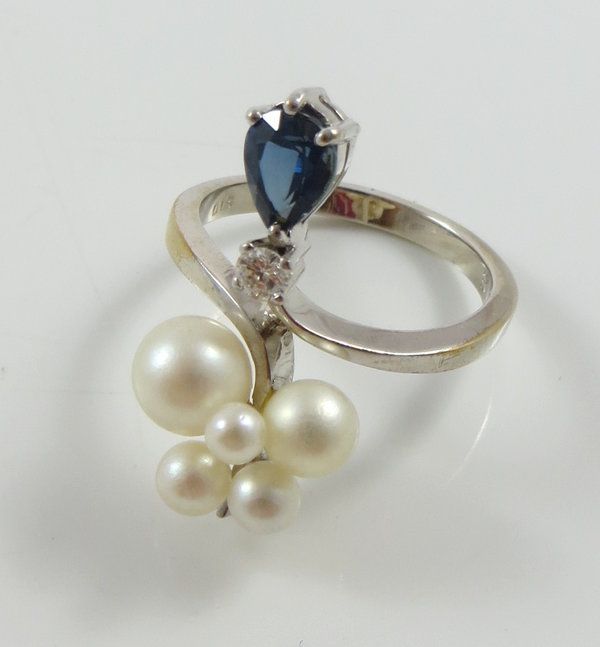 Vintage 585er Weißgold Ring mit Brillant, Saphir und Perlen, Meisterhandarbeit um 1980, Gr. 57